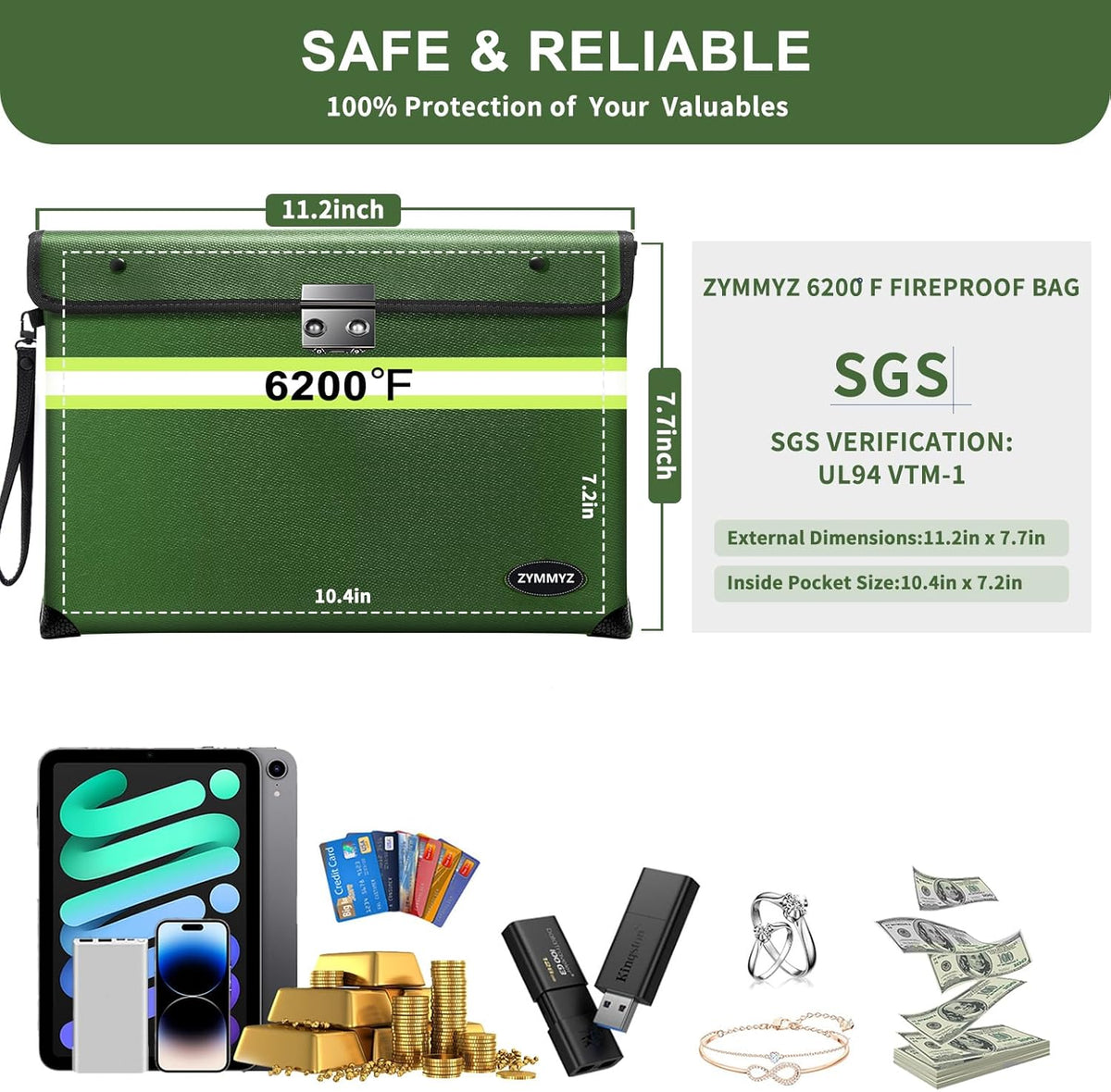 6200°F Fireproof Money Bag with Lock,9 Layers of Heat Insulated Materials,Upgraded Fireproof Zipper/Reflective Strip,Water Resistant Fire Proof for Cash,A5 documents（Not Suitable for A4 Files）