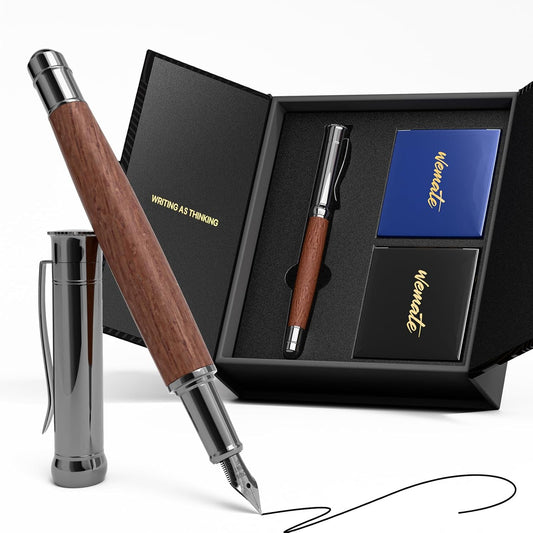 WEMATE Fountain Pen Set, Fine Nib, 20 Ink Cartridges(10 Black&10 Blue), 1 Ink Converter, Smooth Writing, No Skips, Nice Gift for Men, Women, Cool Wood Fountain Pen for Writing, Calligraphy