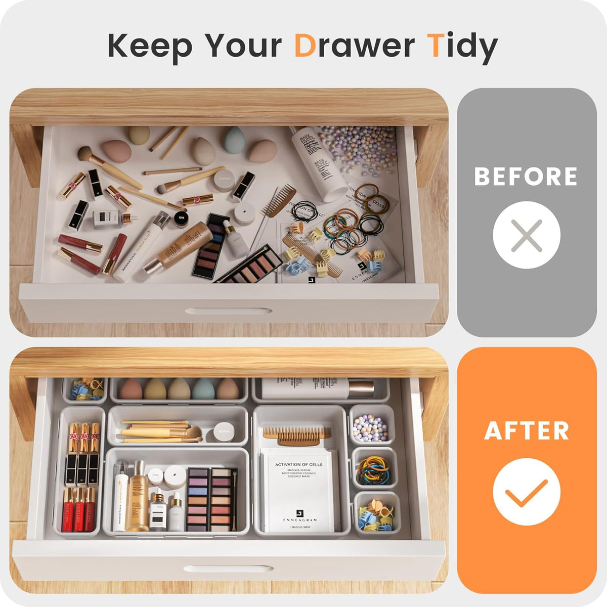 【28PCS】A-LUGEI Drawer Organizer, Bathroom Organizers and Storage, Makeup organizer, Desk drawer organizer, Storage Bins for Kitchen Office Bedroom Vanity Jewelry Pantry Garage【White】【4Size】