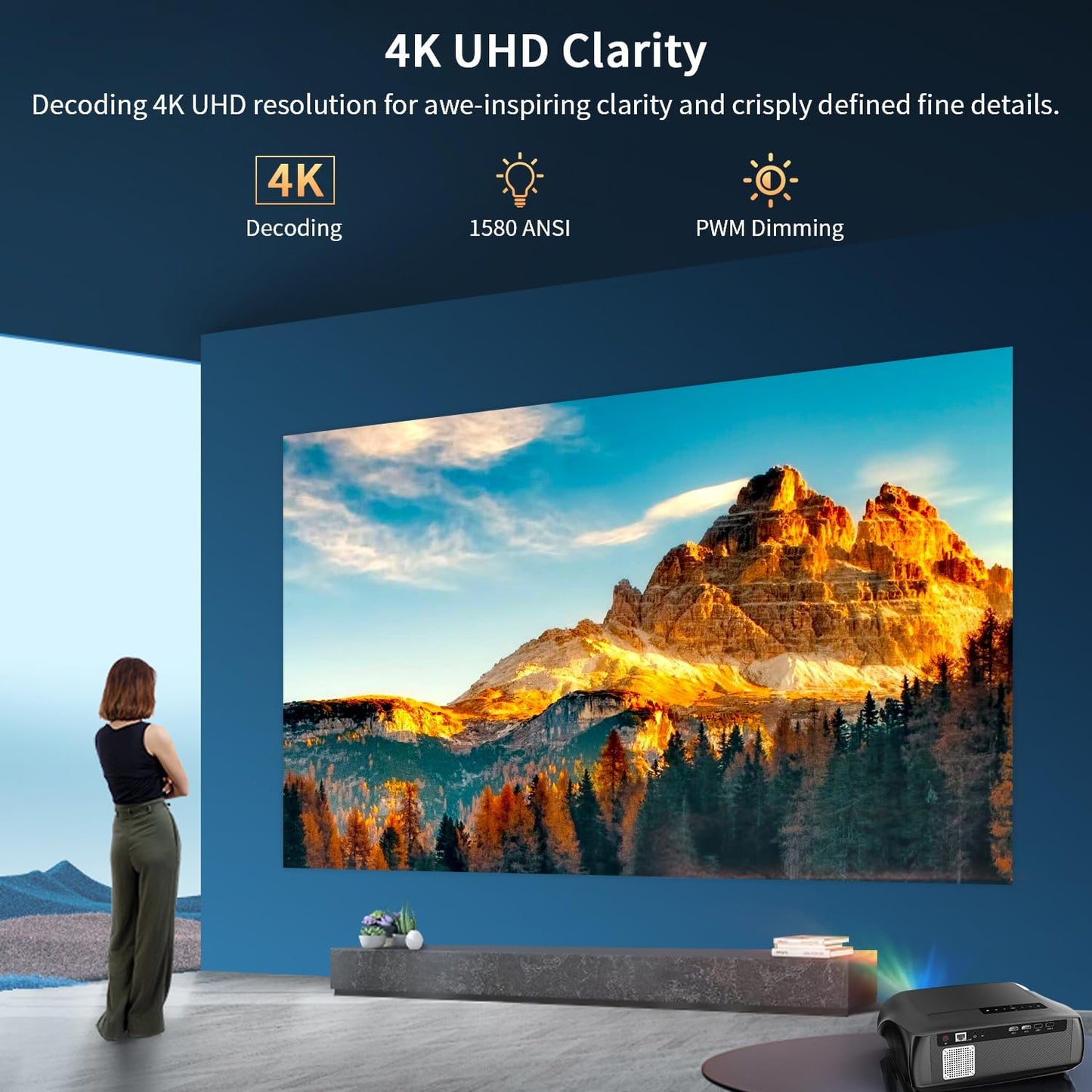 Ultra Bright 1580ANSI Lumens Smart Projector, NFC Casting Wireless, WiFi 6, 4K-Decoding HDR10+, Android TV, Two-Way Bluetooth, DSP Stereo, Daylight Home Theater/ Low Latency Gaming/ Backyard Movie