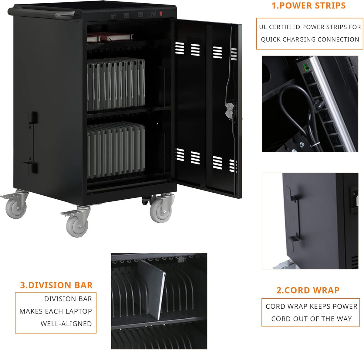 35 Device Mobile Charging Cart, Chromebooks and Laptop Computers, Locking Charging Station with Lock & Key for The Front Back Door, Surge Protection