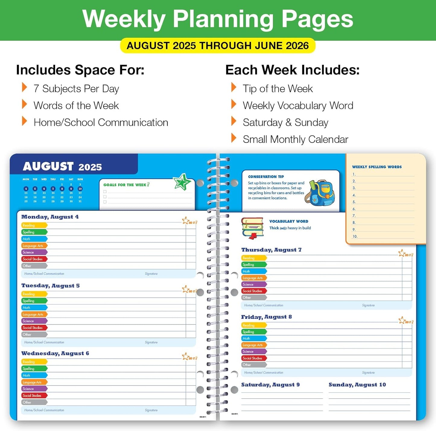 Global Datebooks 2025-2026 Elementary Student Planner 8.5x11 - Dated Weekly & Monthly Academic Planner (Large) with Ruler/Bookmark & Stickers, Ideal for Homework, Block Style, Teamwork
