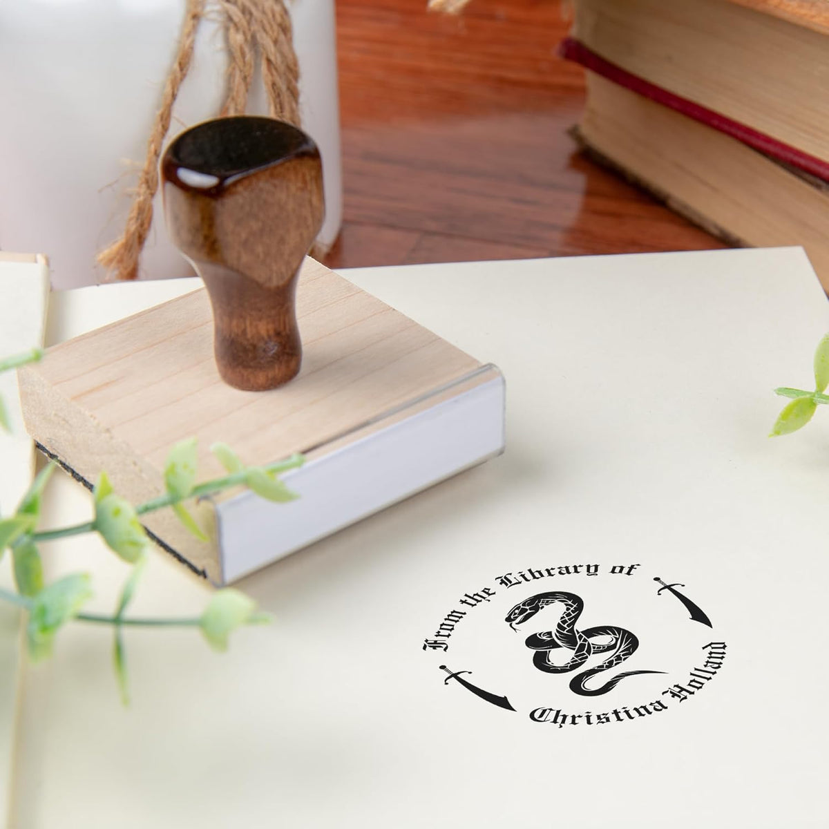 from The Library of Embossers & Stamps for Fantasy Book Readers | Custom Embosser | Custom Stamp | Ex Libris | Elevate Your Fantasy Collection of Stories and Novels (Design 11, Wood Hand Stamp)