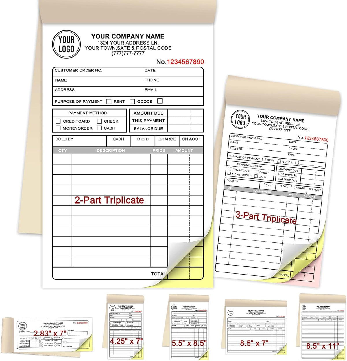 Custom Invoices Receipt Book for Small Business Personalized 2-Part Duplicate Carbonless Logo Receipt Books Sales Payment Forms with Company Name Address Phone Number 100 Sets5.5" x 8.5"