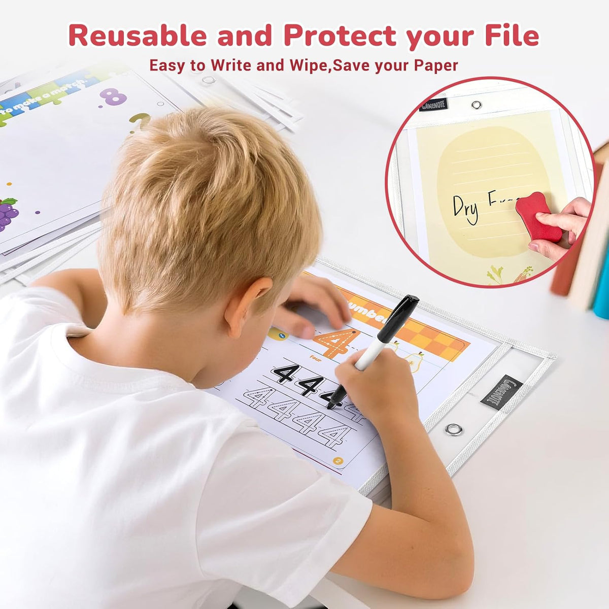 Gamenote 30 Pack White Dry Erase Pockets with 5 Rings, 10x14 Oversized Reusable Plastic Sleeves, Clear Sheet Protectors, Teacher Supplies for Classroom Organization