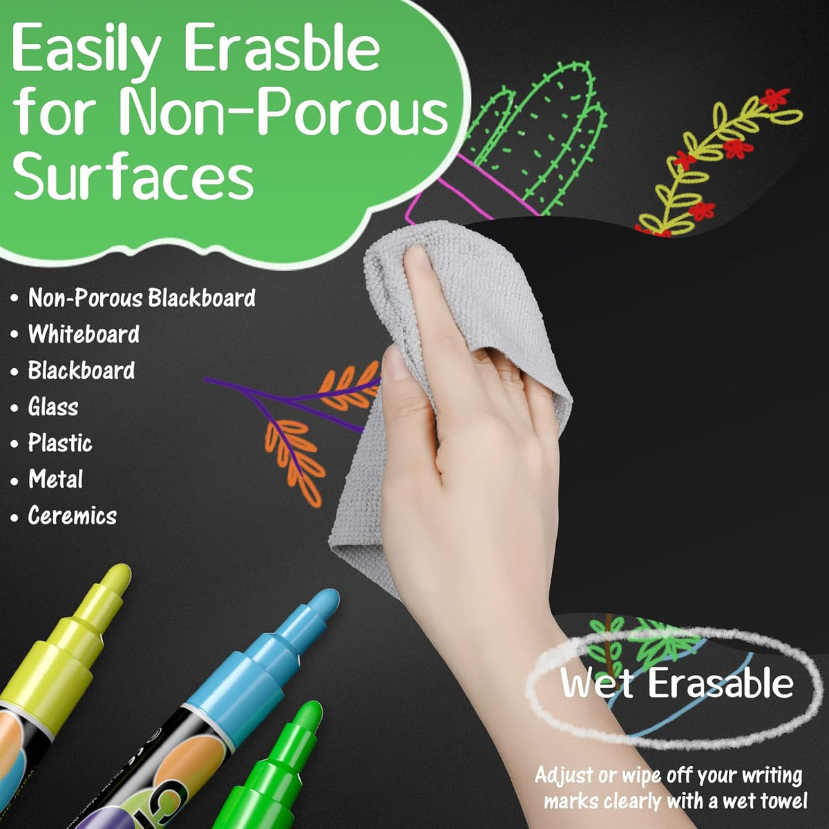 Liquid Chalk Markers Pens - 24 Colors Washable & Wet Erase Neon Chalk Makers for Blackboard, Chalkboard Signs, Glass Window, Graduation Celebration School Kids Art - Erasable Window Markers for Cars