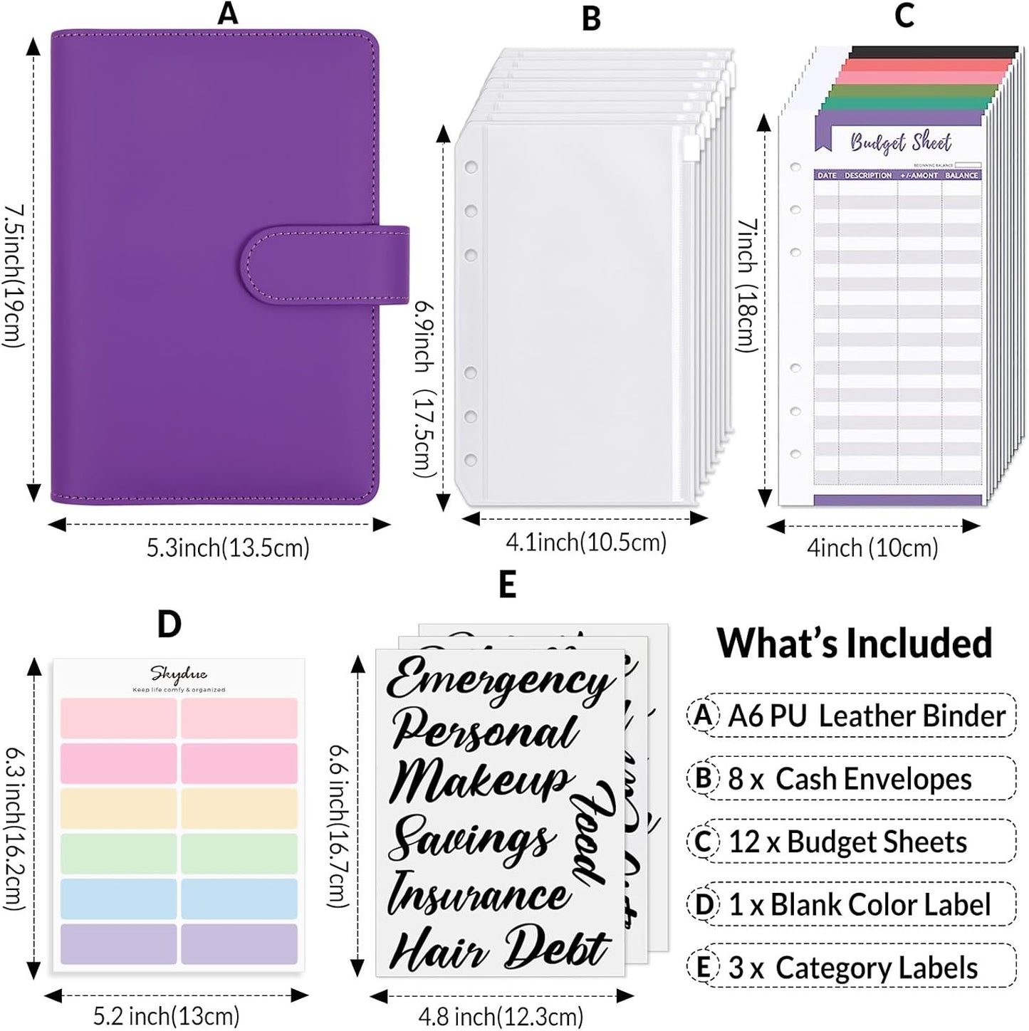 SKYDUE Budget Binder, Money Saving Binder with Zipper Envelopes, Cash Envelopes and Expense Budget Sheets for Budgeting (Violet)
