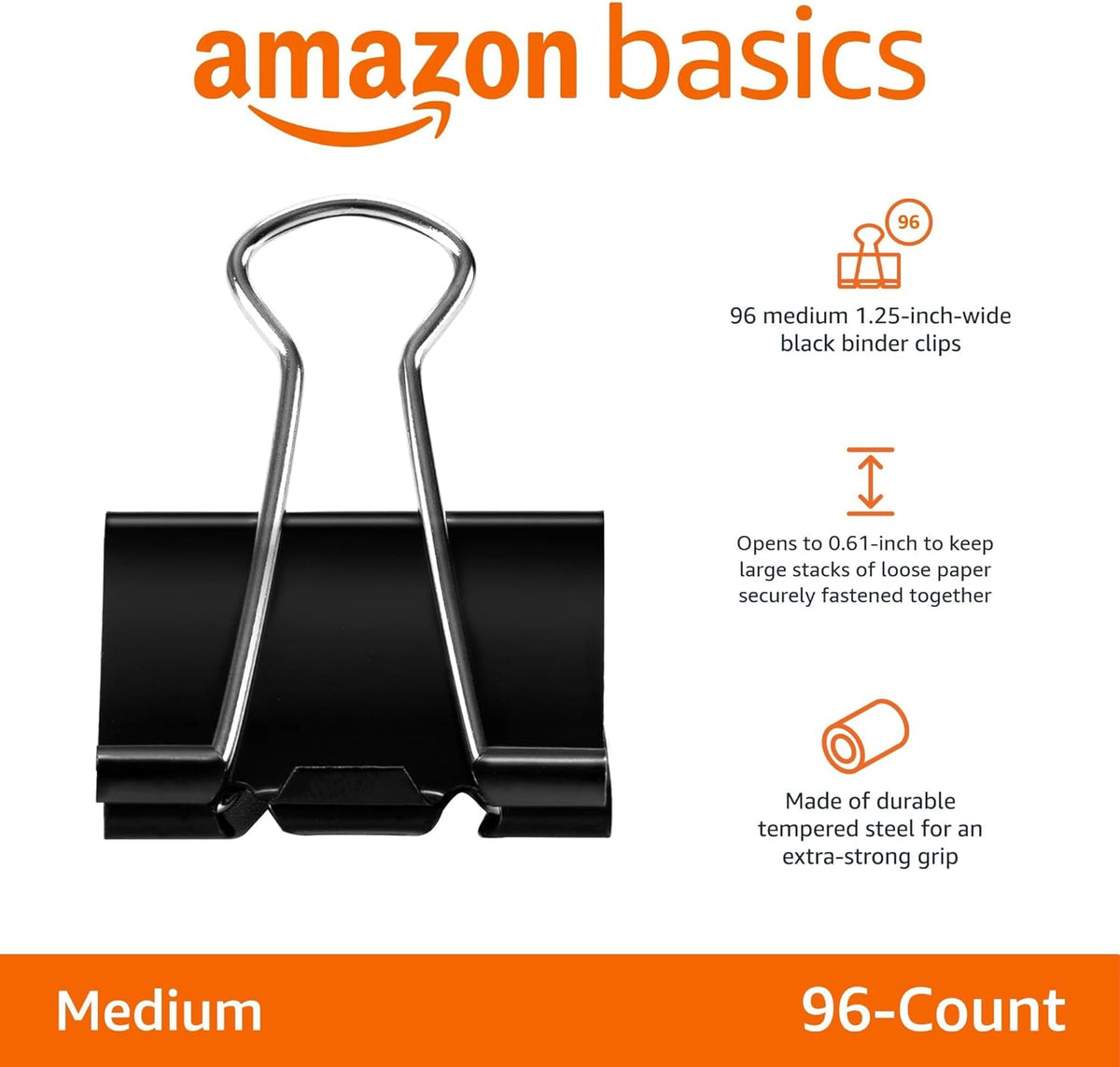 Amazon Basics Sturdy Binder Clips for Office Use, 96 Count (8 Pack of 12), Medium, 1.25 in, Black