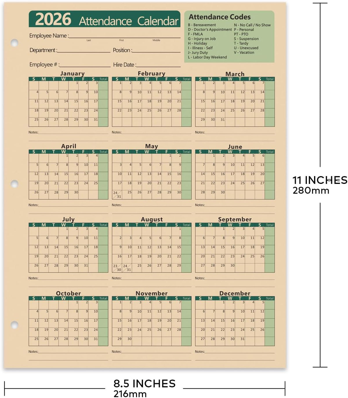 2026 Attendance Calendar Employee Work Tracker Attendance Calendar Cards - 8.5 X 11 Inches Durable and Thick Cardstock/25 Sheets per Pack (Green)