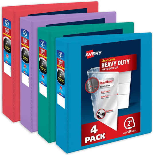 Avery Heavy-Duty View 3 Ring Binders, 2 Inch One Touch Slant Rings, 530-Sheet Capacity, Assorted Bright Colors, 4-Pack (79636) – for School, Office, Teachers, Classrooms & Home Organization