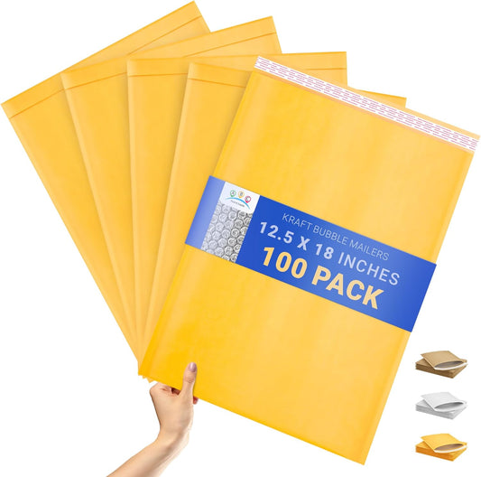 ABC PACK & SUPPLY Gold Kraft Bubble Mailer Envelopes, 12.5 x 18 Inches. 100 Pack Mail Padded Envelopes Self Seal. Kraft Bubble Mailers. Tear-Resistant Mailing Envelope Padded. Sturdy Paper Mailer