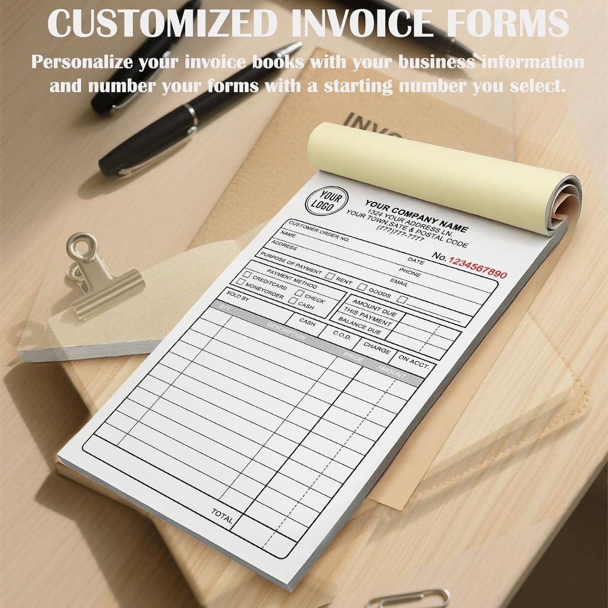Custom 4.25" x 7" Invoices Receipts Carbonless Books in 3-Part Duplicate Personalized Company Address Name Phone Number 50 Sets