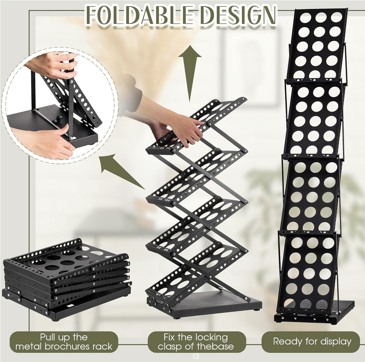 Tatuo 2 Pieces Foldable Magazine Rack Metal Catalog Literature Rack Portable 4 Pockets with Carrying Bag Brochure Stand Literature Display Holder Stand for Exhibition Trade Show