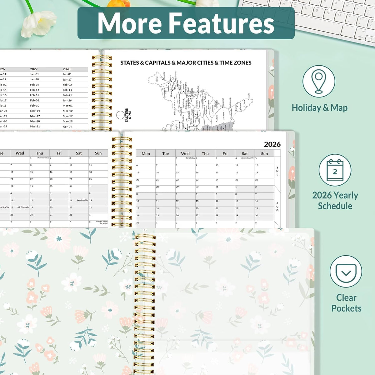 SUNEE 2026 Appointment Book, Quarter-Hourly, Weekly & Monthly - from January 2026 - December 2026, 8.5"x11" Weekly Planner, Flexible Cover, Note Pages, Pockets, Bookmark, Green Wildflowers