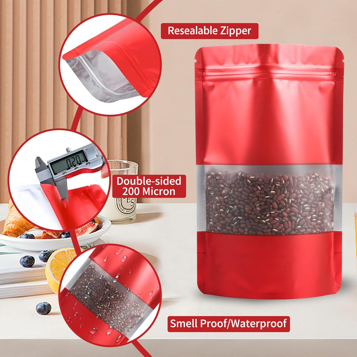 100 Pack Smell Proof Bags, Resealable Red Mylar Bags with Matte Window, Foil Pouch Stand Up Sealable Bags for Packaging, 5.51 × 7.87 Inch