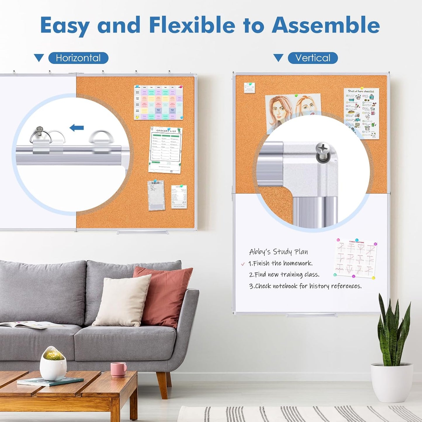 Magnetic White Board and Cork Board Combo, 48 X 36 inches Whiteboard Bulletin Combination Board, Wall Mounted Dry Erase Message Board for Home, School and Office