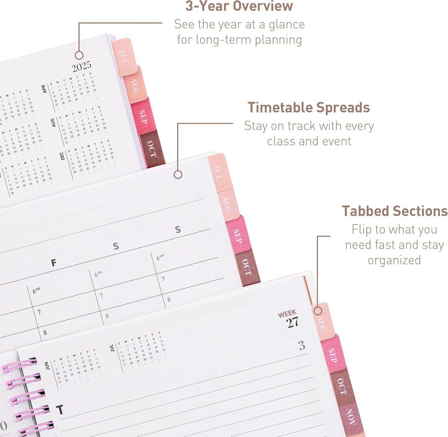 Rileys Academic Planner 2025-2026, Daily, Weekly & Monthly Planner, July 2025 - June 2026, Student Notes Pages, Twin-Wire Binding, Weekly Agenda for School & Work (8 x 6-Inches, Pink, Deco)
