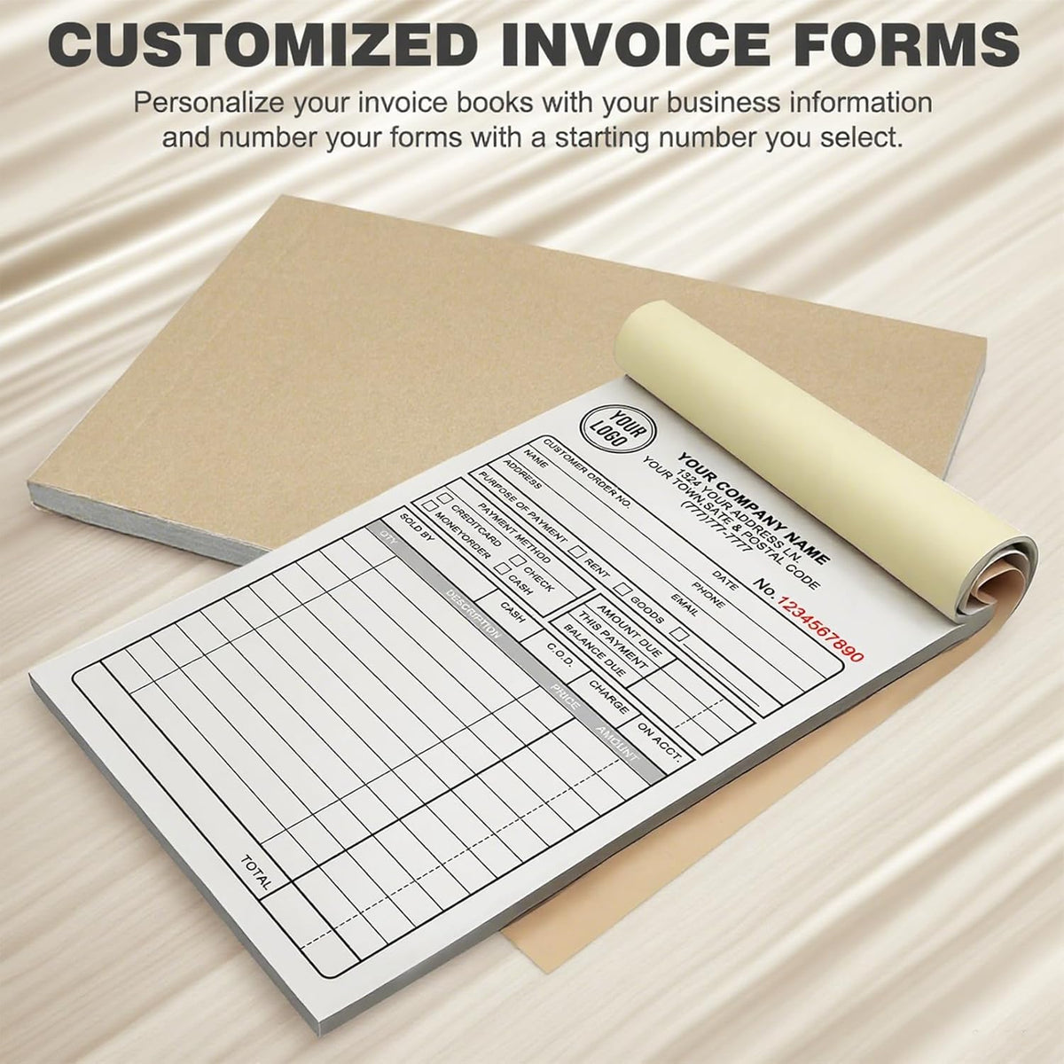 Custom Sales Invoice Personalized Carbonless NCR Forms with Company Name/Logo Personalized Invoice, Receipt Book, Work Sales Purchase Orders, Estimates, Quote Forms 8.5" x 11" - 2 Part(100 Sets)