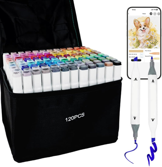 Alcohol Markers with APP, 120 Colors Dual Tip Art Marker for Adults Coloring Books, Alcohol Based Illustration Markers Set for Adult Artist Drawing Sketching Painting Lettering Cards