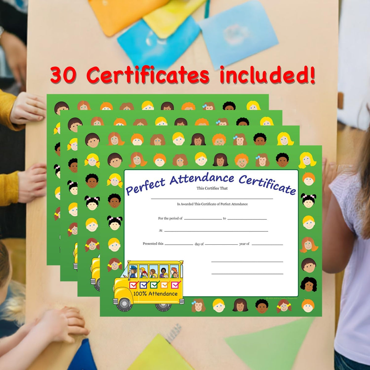 SHAPES ETC. 30pcs Perfect Attendance Recognition Certificates 11inx8.5in Colorful Award Kids Student Graduations Moving Up Ceremonies Achievement Days Banquets Academic Competitions USA Made