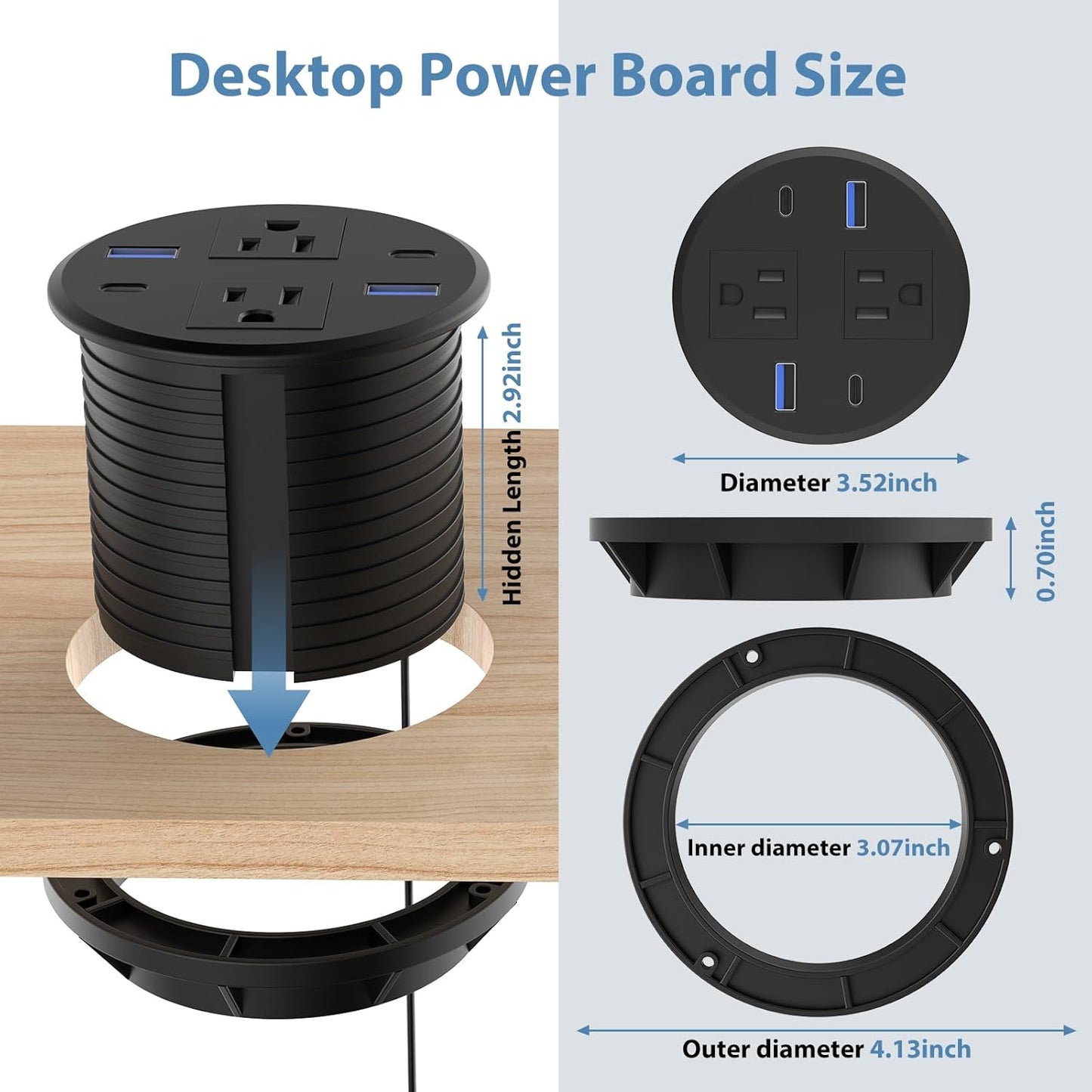 Recessed Power Grommet with AC Outlets, 3inch Desktop Power Grommet Outlet,30W PD Fast Charge for Deskt - Flush-Mount Recessed Power Strip,Home and Workspace Essential Desk Outlet