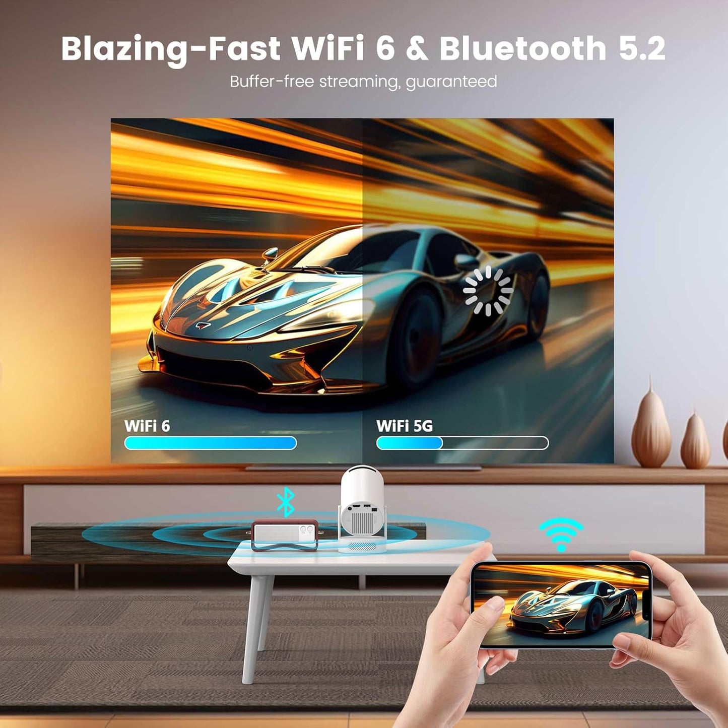 Mini Portable Projector with WiFi and Bluetooth, 4k 1080P Video Projector Support 5w Sound Base Speaker, 200 ANSI, 210° Rotation, Auto Vertical Keystone for Home Bedroom Outdoor, HY300 Ultra