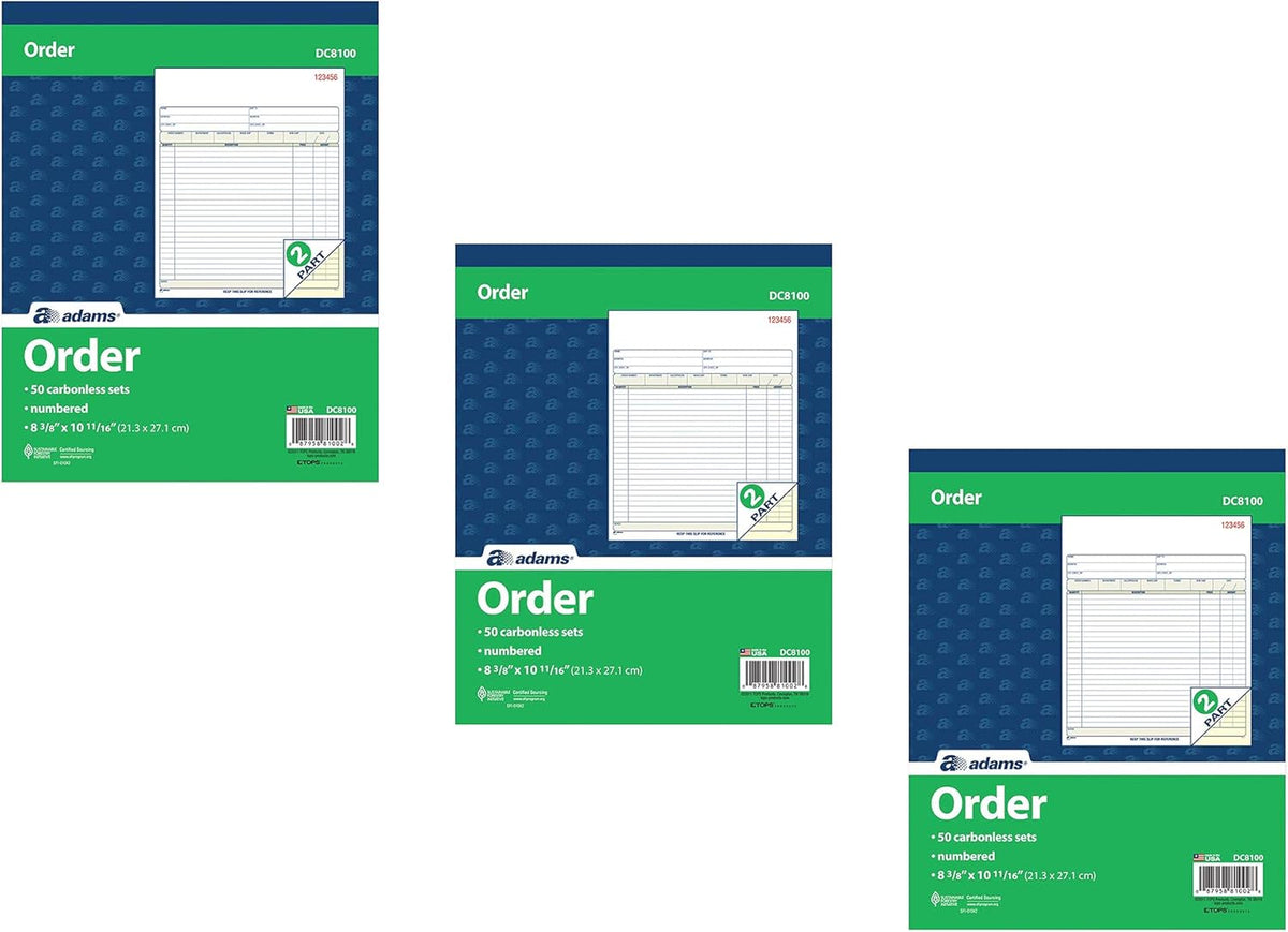 Adams Order Book, 2-Part, Carbonless, White/Canary, 8-3/8 x 10-11/16 Inches, 50 Sets per Book (DC8100), 3 Pack