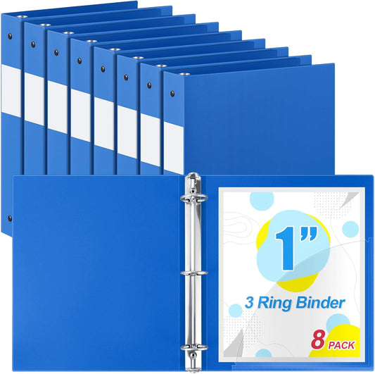 8 Pcs 1 Inch 3 Ring Plastic Binder Flexible Binders Bulk Fits Letter Size 8.5'' x 11'' Paper Holds up to 225 Sheets with 1 Pockets Versatile Binder for School Office Home (Blue)