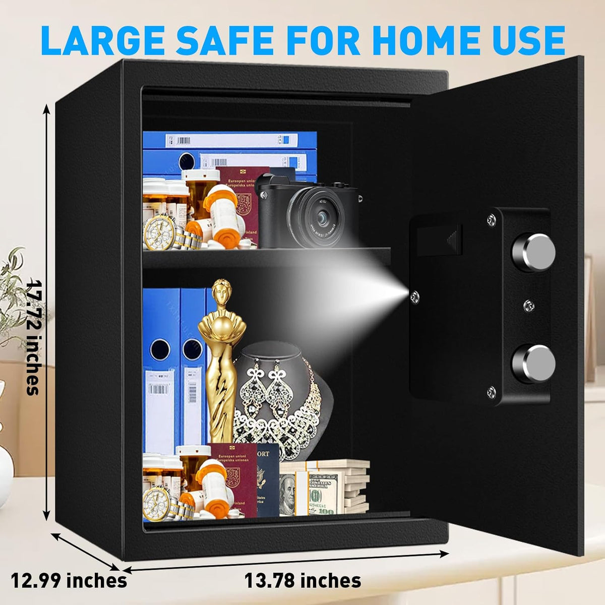 3.0 Cuft Large Fireproof Safe for Home, Home Safety Box Fireproof Waterproof with Electronic Keypad and Spare Keys, Anti-theft Digital Security Safe for Money Firearm Medicine Valuables