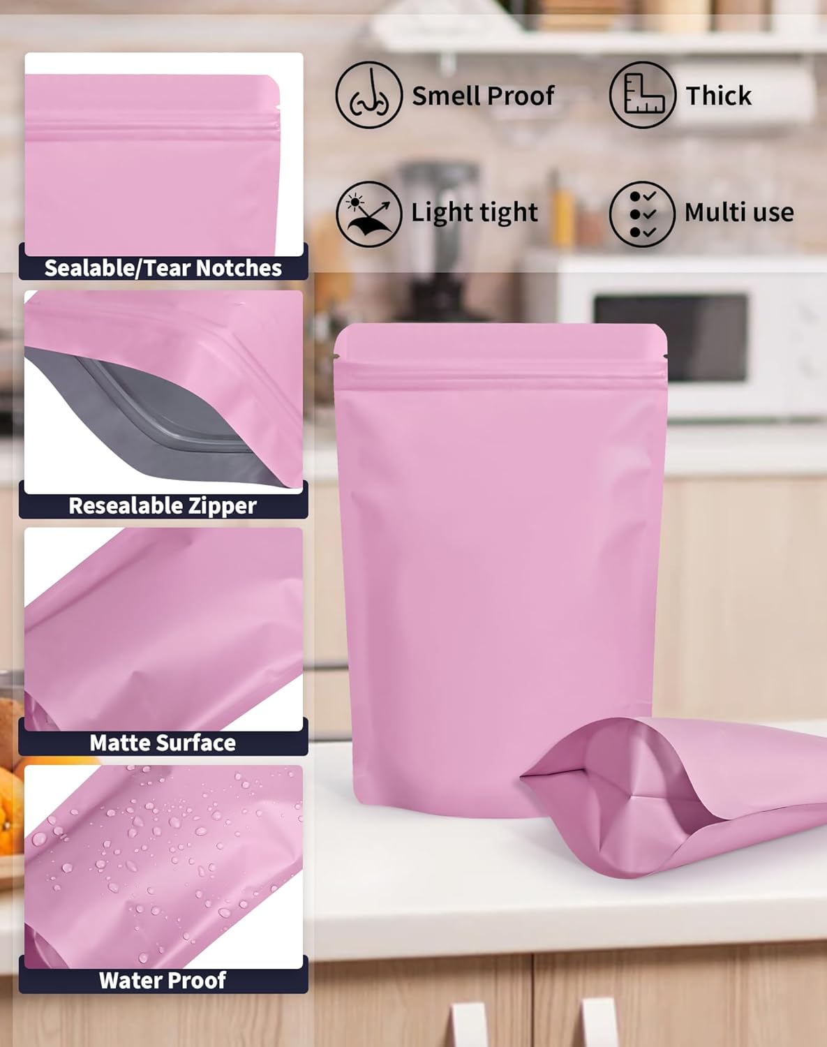 100 Pack Resealable Stand Up Bags,5.5" x 8.6" Smell Proof Pouch Sealable Foil Pouch Bags for Packaging (Pink)