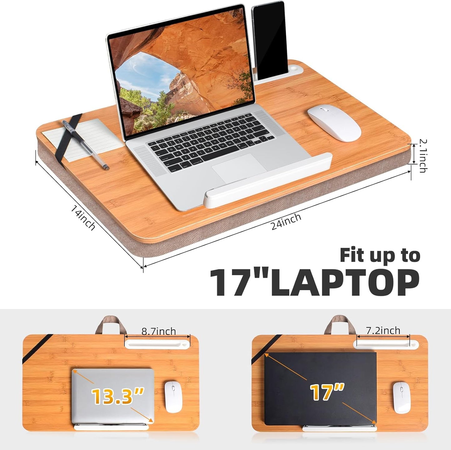 wishacc Oversized Bamboo Lap Desk with Phone/Tablet Slots & Cushion Pillow – Extra-Large Portable Laptop Stand for Home, Office, Bed, Car