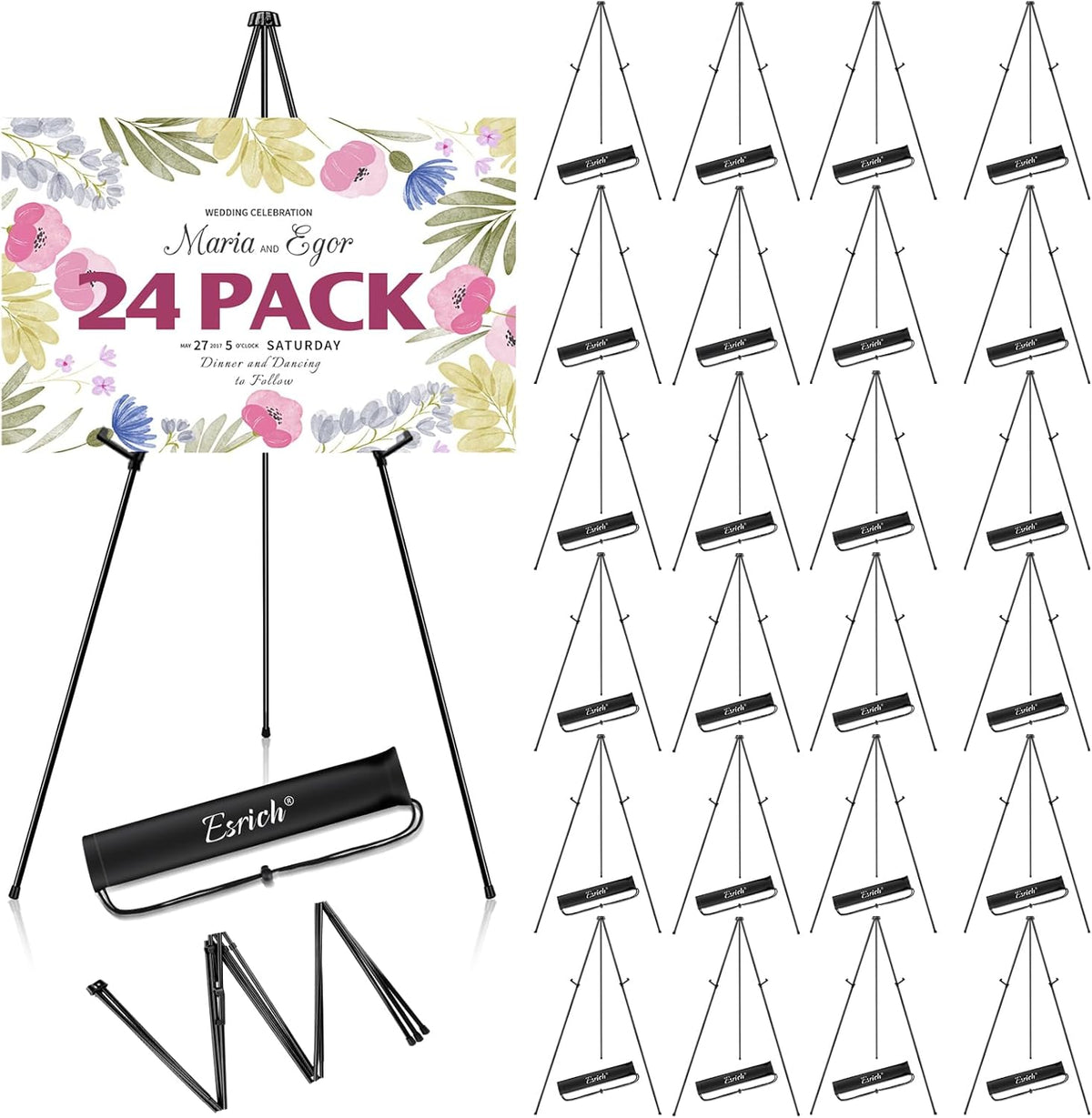 ESRICH 63" Display Easel Stand for Wedding Sign, Portable Foldable Metal Easel, Lightweight Metal Easels for Signs Wedding Logos,Arts, Painting,Adjustable Floor Easels with Storage Bag (24Pack)