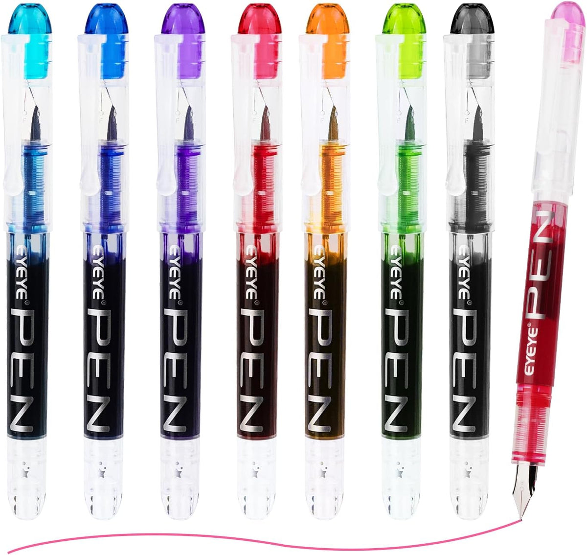 EYEYE Disposable Fountain Pens, 8 Pack Multicolor Fine Point Fountain Pens for Writing, Stainless Steel Nib, Smooth Writing for Calligraphy, Journaling, Drafting, Sketching, Doodling & Gifts