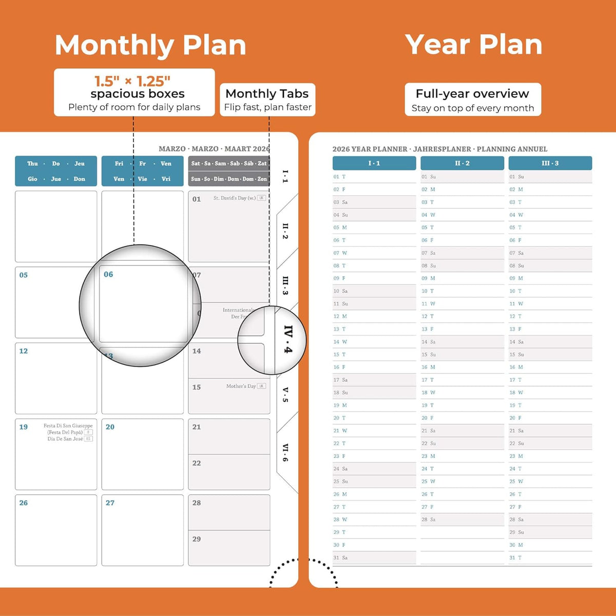 Daily Planner 2026 with One Page Per Day,(A5-8.5" x 5.9"),12 Months Calendar Hourly Appointment Book Monthly Tabs & Self-adhesive Pen Holder,Inner Pocket, Vegan Leather Hardback,Orange