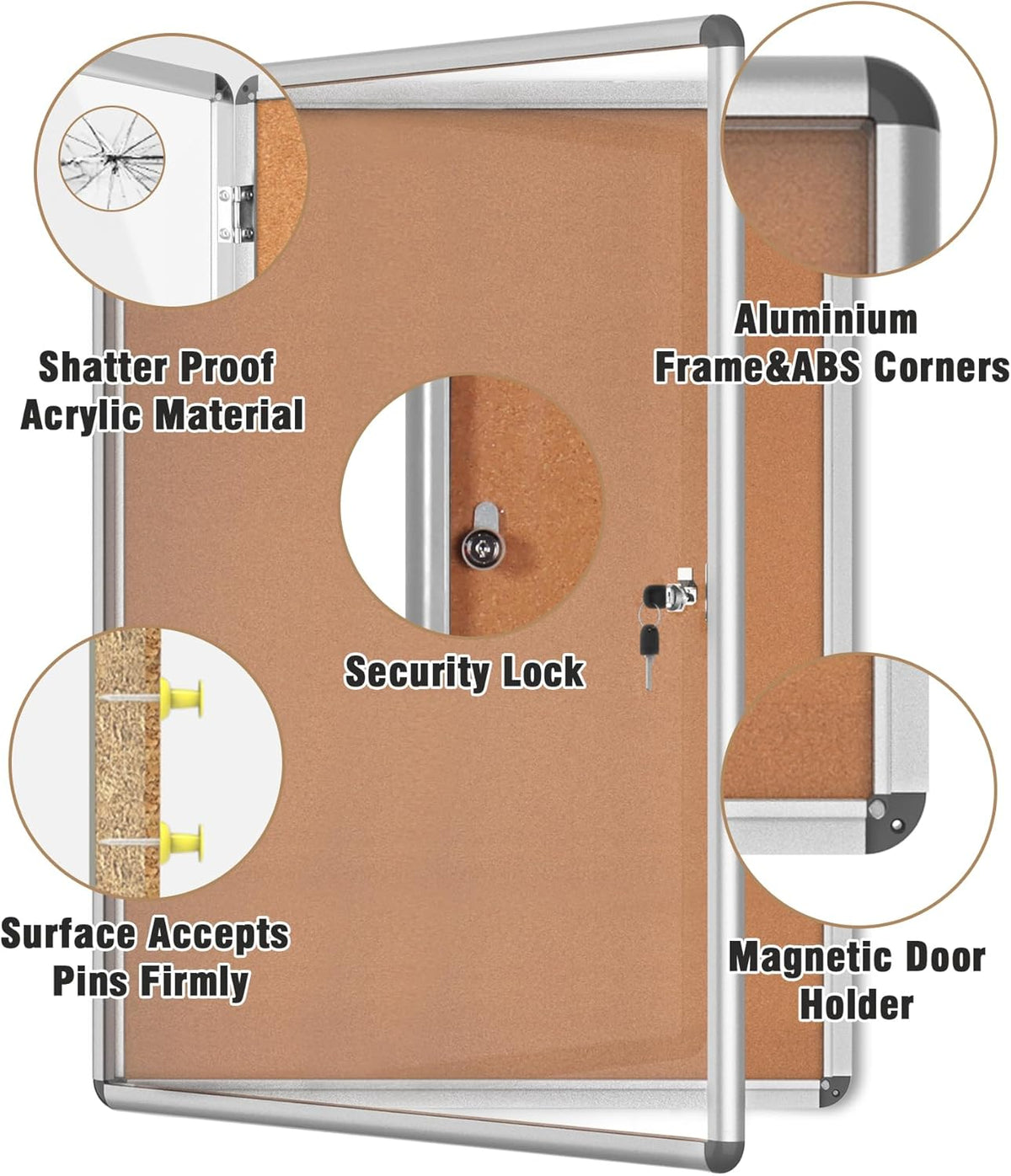 38"x28" Enclosed Bulletin Board, Lockable Weather-Resistant Aluminum Cork Noticeboard for School & Office, Silver Frame w/Cork