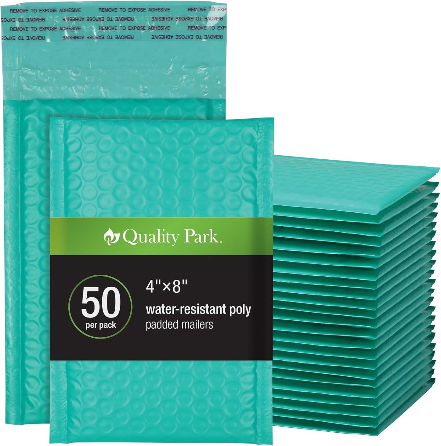 Quality Park Bubble Mailers, 4 x 8 Shipping Envelopes, Self-Seal, Small Teal Padded Envelopes, Redi-Strip Peel Off Closure, 50 Per Box (QUA85915)