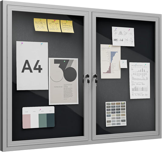 48"x36" Lockable Enclosed Bulletin Board, Outdoor Flet Weather-Resistant Aluminum Frame Notice Board, Wall Mounted Display Case Acrylic Doors for School,Office,Silver Frame w/Black Flet