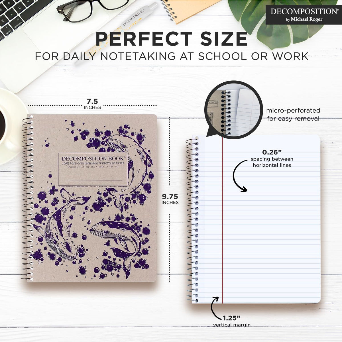 Decomposition Humpback Whales College Ruled Spiral Notebook - 9.75 x 7.5 Journal with 160 Lined Pages - 100% Recycled Paper - Cute Notebooks for School Supplies, Home & Office - Made in USA