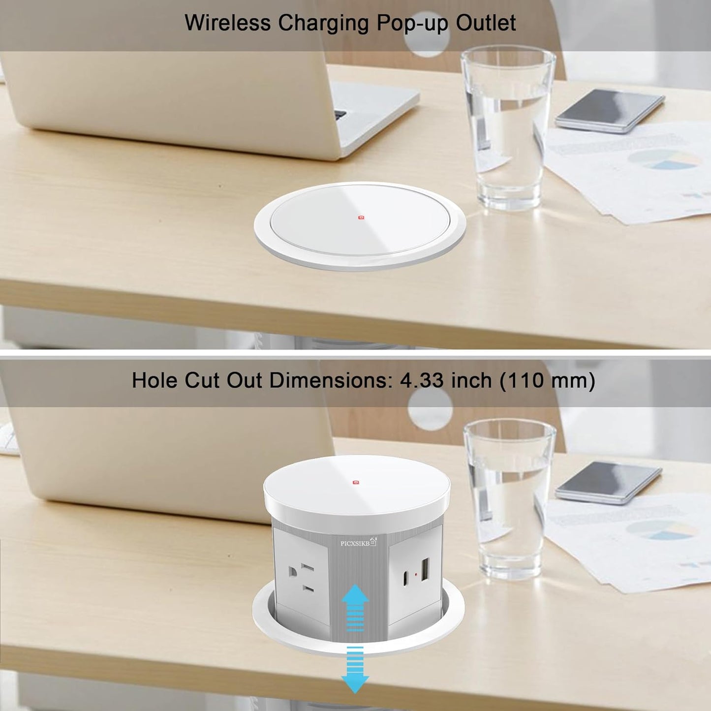 Pop Up Outlet for Countertop 4.33-inch Automatic Pop Up Hidden Outlet Round Pop Up Electrical Outlet with 15W Wireless Charger 1 USB-A & 1 USB-C & 3AC Plug 5 FT Cord for Home Office Kitchen(White)