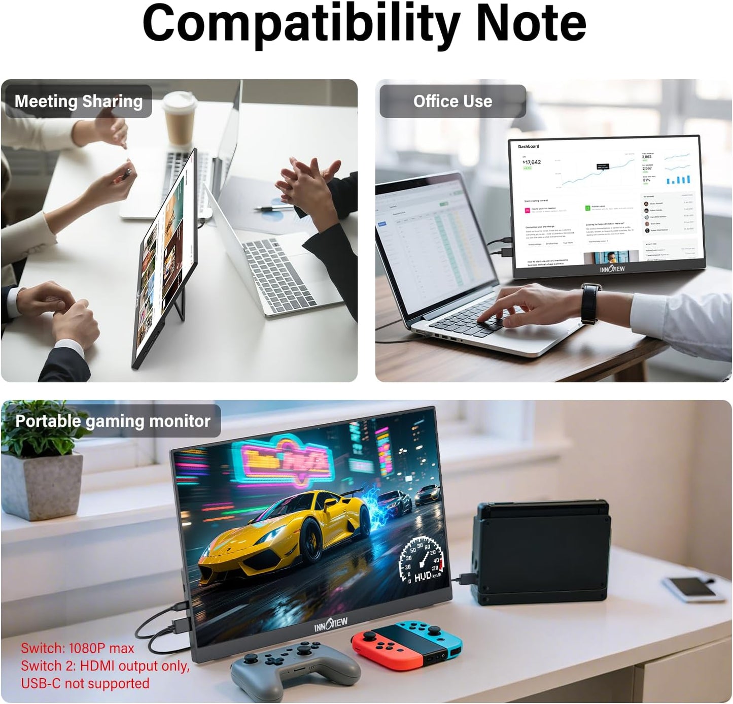 InnoView 16-inch 180Hz 100% sRGB Portable Monitor Built-in Speakers FHD1920×1200 Laptop Screen Extender | 2 x Type-C & HDMI 16:10 Portable Monitor Plug & Play for Macbook/Switch/PS5/Xbox