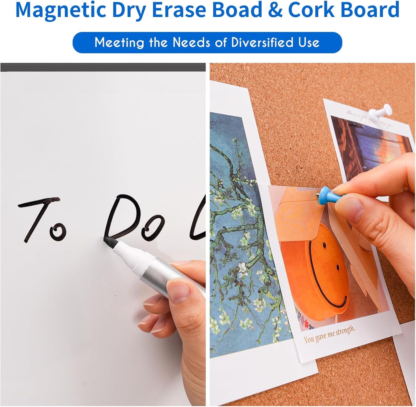 Magnetic White Board and Cork Board Combo, 24 X 18 inches Whiteboard Bulletin Combination Board, Wall Mounted Dry Erase Message Board for Home, School and Office, Black