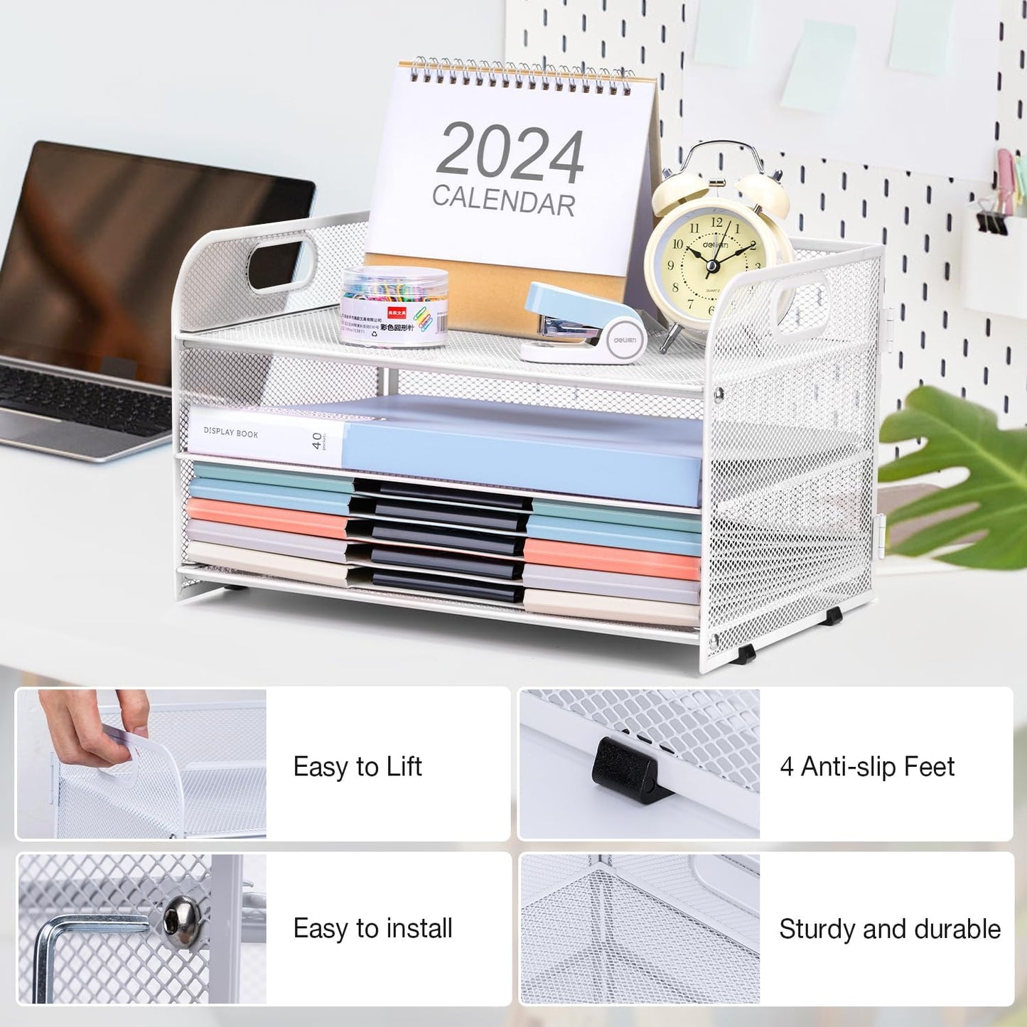 3-Tier Letter Tray Paper Organizer with Handle,Compact Mesh Desk File Organizer for Home Office Supplies Desktop Accessories,White