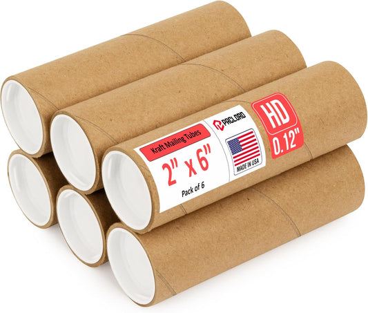 2" x 6" Heavy-Duty Reinforced Cardboard Mailing Tube, Pack of 6 Tubes with 12 Caps – Secure USPS Approved – Great for Shipping and Storing of Prints, Artwork, Posters or Documents
