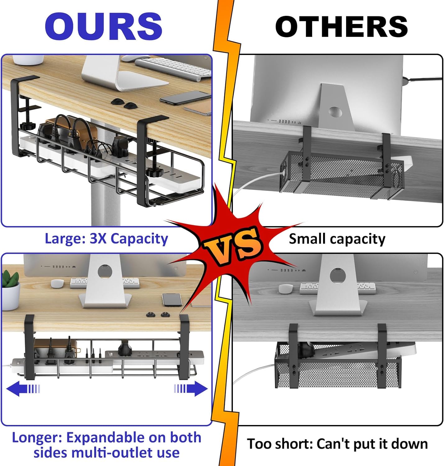 Under Desk Cable Management Tray, 31.5'' No Drill Steel Cable Tray Organizers, Wire Management Tray Cable Rack with Clamp Mount, Metal Under Desk Tray with Wire and Cord Organizer