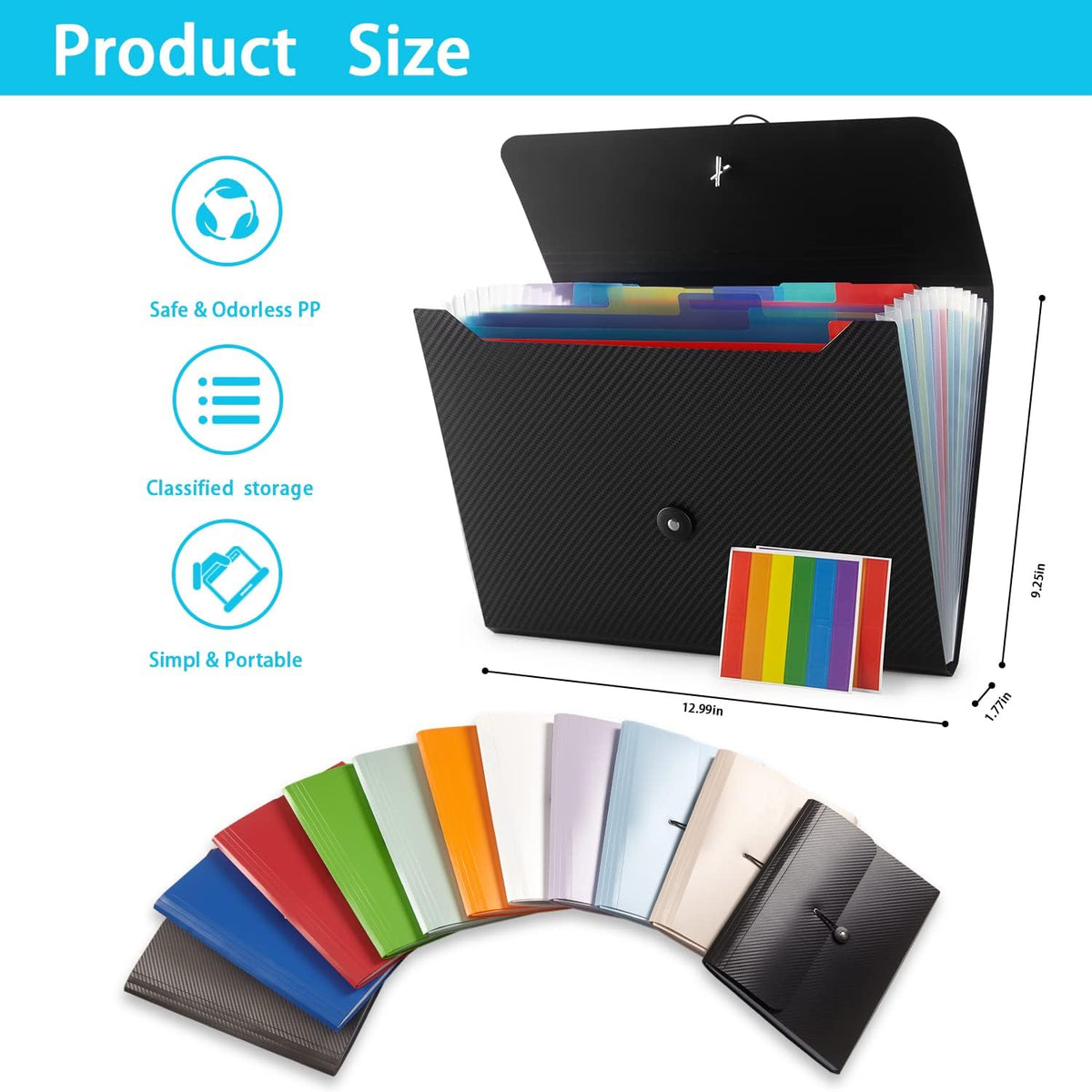 Expanding File Folder with 13 Pockets - Accordion Filing Folder for Documents - Aesthetic Black Paper Organizer for Work, School, Home, Office