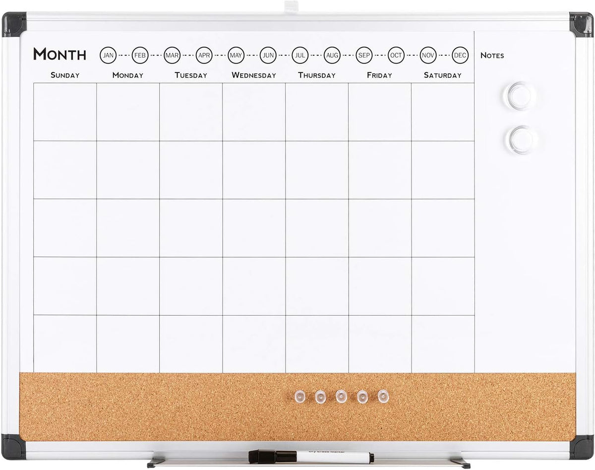 VUSIGN Monthly Calendar Whiteboard Dry Erase Cork Board Combo, 24" x 36" Planning Board, Silver Aluminium Frame