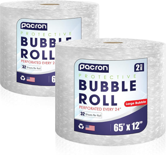 Protective Bubble Roll Wrap - 65FTx12IN Clear, 1/2" Dense Large Bubble Cushioning for Fragile Items, Dish Packing & Packaging Supplies Shipping & Storage - Perforated Every 24IN (2 Pack)