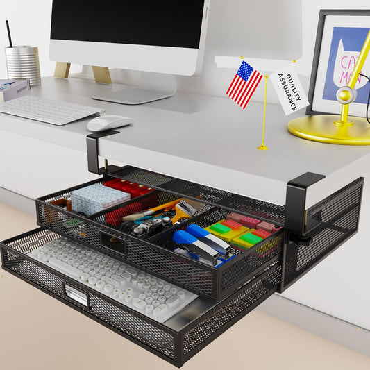 Under Desk Drawer Organizer No Drilling 2 Slide Out Drawer Under Table Storage Drawer Clamp On Under Desk Management Drawer Organizer Suitable for Home and Office