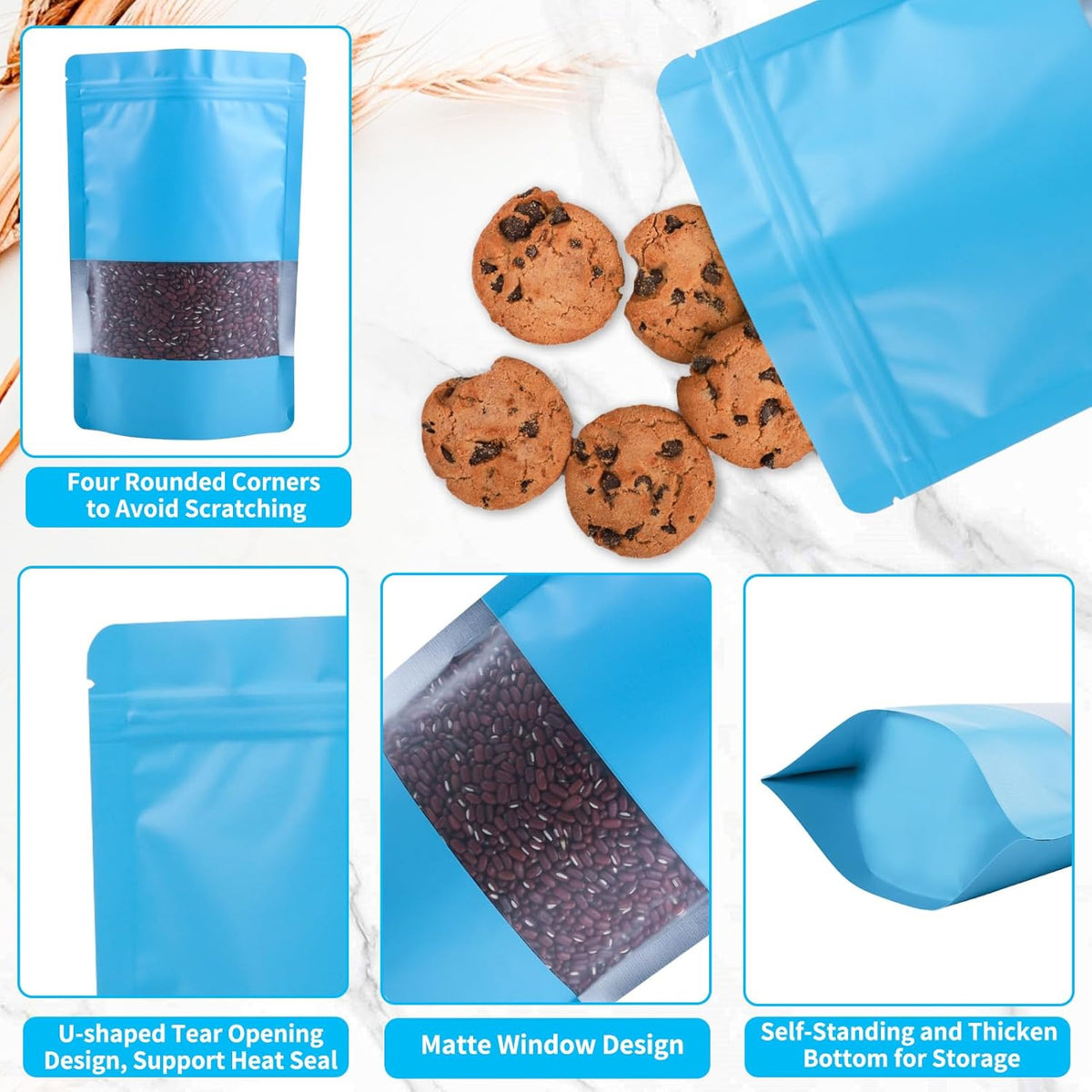 100 Pack Smell Proof Bags, Resealable Blue Mylar Bags with Matte Window, Foil Pouch Stand Up Sealable Bags for Packaging, 6.29 × 9.44 Inch