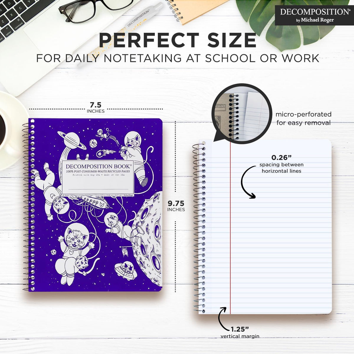 Decomposition Kittens in Space College Ruled Spiral Notebook - 9.75 x 7.5 Journal with 160 Lined Pages - 100% Recycled Paper - Cute Notebooks for School Supplies, Home & Office - Made in USA